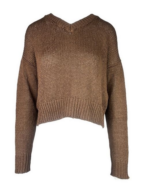 maglia donna in lino scollo a v marrone Base Milano | B7706-048912